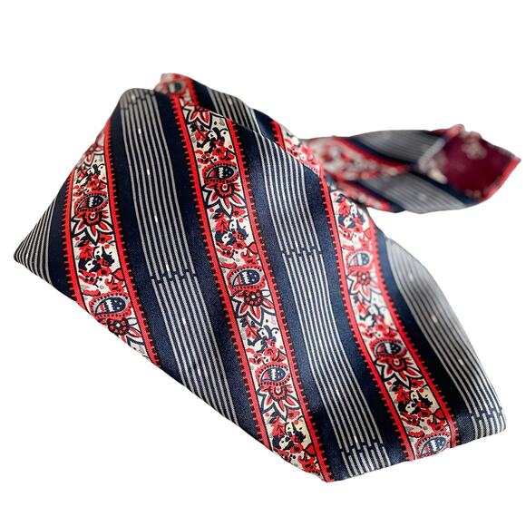 Oleg Cassini designer vintage 100% silk red white blue stripe floral tie 4